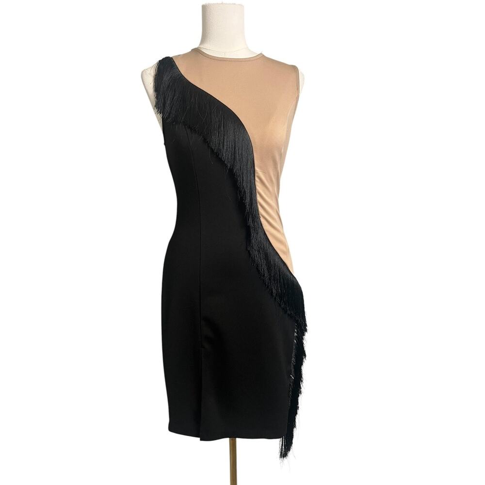 Strut & Bolt Bodycon Dress Small Black Nude One Shoulder Party Mini Fringed